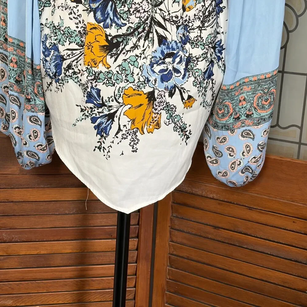 Free People Positano Printed Peasant Top Boho Prairie Cottage Flowy Size M